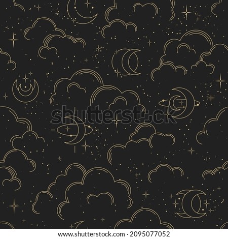 Vector seamless pattern with clouds, moons and stars. Gold decorative ornament. Graphic lunar pattern for astrology, esoteric, tarot, mystic and magic. Luxury elegant design.