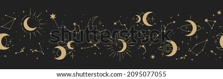 Magic seamless vector border with constellations, moons and stars. Gold decorative ornament. Graphic pattern for astrology, esoteric, tarot, mystic and magic. Luxury elegant design.