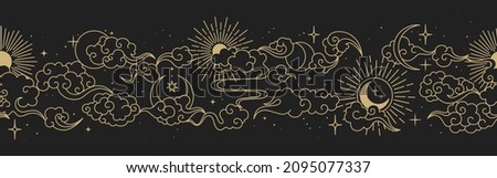 Magic seamless vector border with moons, clouds, stars and suns. Chinese gold decorative ornament. Graphic pattern for astrology, esoteric, tarot, mystic and magic. 
