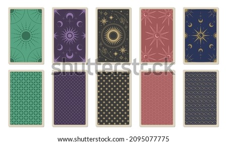 Back of tarot cards. Vector template for card deck with sun, moon, stars, hands, ornament and patterns. Magic and mystic design elements. Cards for astrology and esoteric.