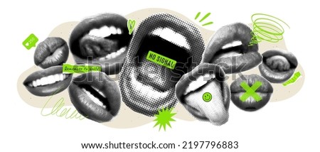 Art collage with halftone mouths and green elements. Magazine style, grunge textures. Composition with female lips, smile, kiss, scream, mouth with tongue. Concept of poster, ideas, creativity