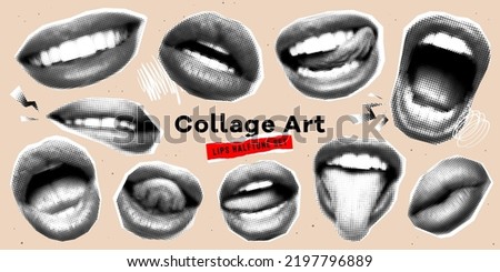 Collage mouth set with grunge elements. Halftone lips for banner, graphic, poster, illustration. Vector set of scream, kiss, smile, tongue, open mouth. Texture elements on transparent background.