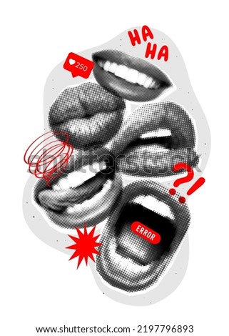 Art collage with halftone mouths and red elements. Magazine style, halftone textures. Composition with female lips, smile, kiss, scream, mouth with tongue. Concept of poster, ideas, creativity.
