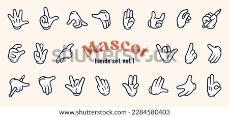 Mascot hand collection volume one. Vector set of twenty two different vintage elements. Cartoon hands of old 1920 to 1950 design style. Creator for vector mascot characters of vintage poster.