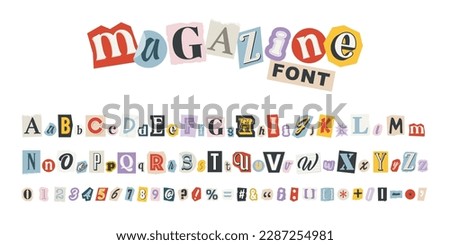 Magazine collage vector alphabet in trendy style. Color letters, numbers and punctuation marks cut from newspapers. Criminal, anonymous or detective font. Vintage elements for your design.