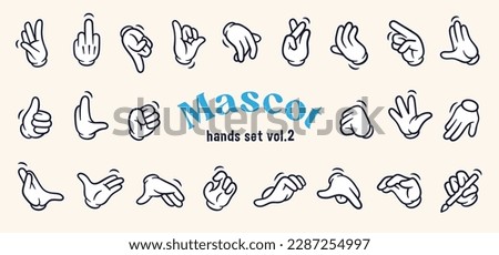 Mascot hand collection volume two. Vector set of twenty two different vintage elements. Cartoon hands of old 1920 to 1950 design style. Creator for vector mascot characters of vintage poster.