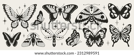 Butterfly seventh set of black and white wings in the style of wavy lines and organic shapes. Y2k aesthetic, tattoo silhouette, hand drawn stickers. Vector graphic in trendy retro 2000s style.