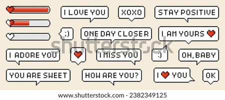 Pixel speech bubbles with worlds and phrases of love theme. Vector dialogue boxes with hearts. Chat speech or dialogue.  8-bit heart or love loading set.
