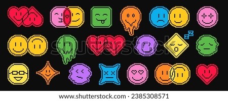 Colored pixel emoticons faces. Various pixel emojis with laugh or love, groovy faces, message chat emoticons and expression smiles, vector stickers. 8bit acid style pixelated faces. 