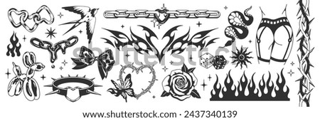 Tattoo art signs of 2000s style. Y2k aesthetic set. Vintage symbols, fluid goth chain, heart, rose, flame, bow, bird, balloon dog, butterfly, dice, blackthorn, snake. Vector tattoo line stickers.