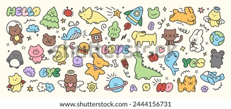 Colorful cute kid icons set. Doodle set of sun, dinosaur, frog, planet, animal, cloud, star, bear, whale, letter, tree. Vector trendy hand drawn childish elements for stickers, patterns, banners