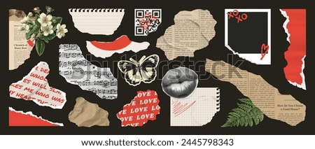 Collage set of wrinkled paper sheets, rip notepaper, scrap music sheet, retro gazette, torn newspaer, stamp butterfly, plants, mouth. Trendy collage vector set, retro modern stickers.