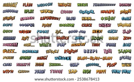 Big set of cartoon comic worlds include wow, pow, bang, boom, splash, smash, wtf, omg, wham, zap, yeah and others. Vector collection for comic speech bubbles.