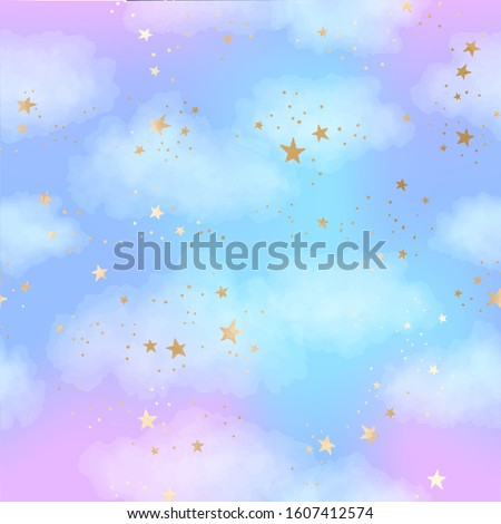Vector bright seamless pattern with gold constellations, stars and clouds. Watercolor blue and lilac sky background