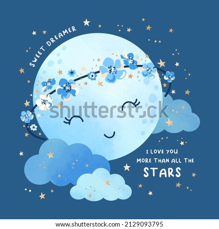 Vector watercolor illustration with cute sleeping full moon in floral wreath, clouds and gold stars. Night sky cartoon blue background