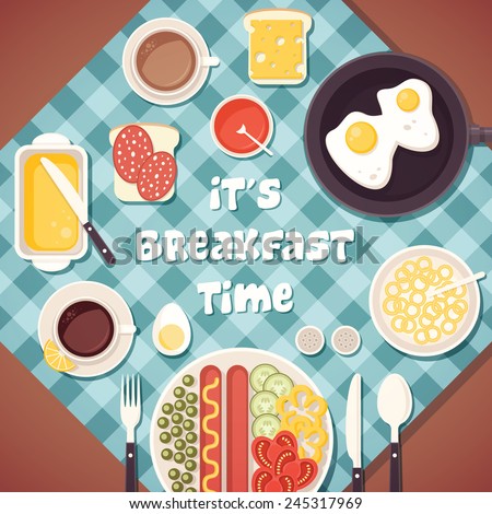 Vector breakfast time illustration with fresh food and drinks in flat style