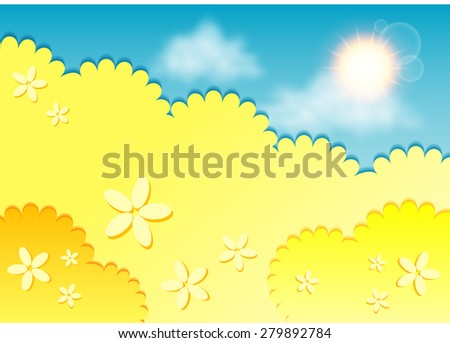 Kiddie background for text. Meadow of yellow flowers on blue sky. Yellow color. Vector illustration