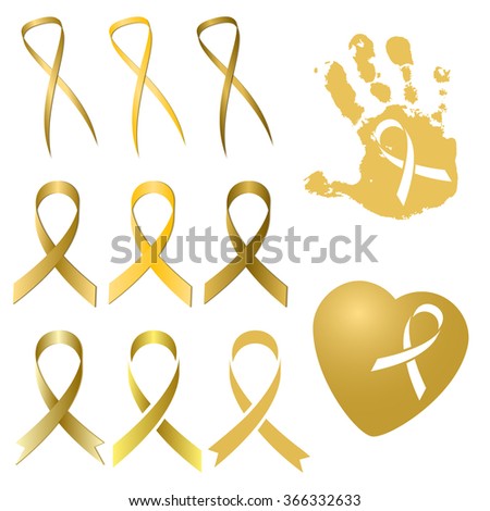 Set of golden ribbon in several different versions and tints of gold isolated on white. International Childhood Cancer Day. Vector illustration