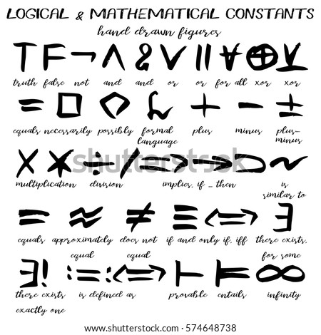 Hand drawn signs, written black figures of logical and mathematical constants in grunge technique. Vector illustration