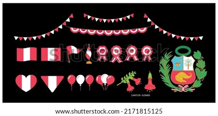National Holidays Fiestas Patrias (July 28), Peru Independence Day, vector design. Peruvian flags, ribbons, the national flower cantuta, escarapela peru, national coat of arms peru