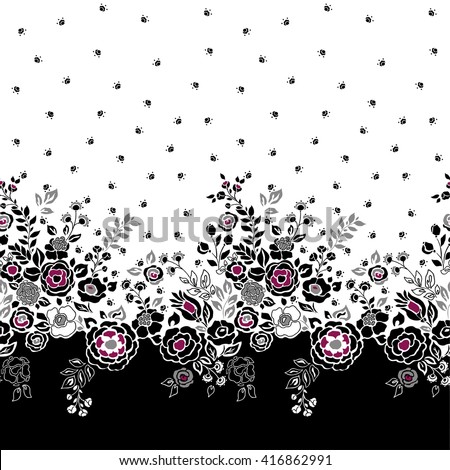 Vector seamless floral border. Silhouettes of flowers and grass, hand drawn illustration