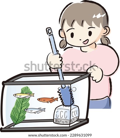 A girl who takes care of medaka (cleaning the aquarium)