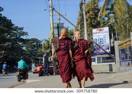MANDALAY JAN 11: Burmese novice boys in Mandalay, Myanmar on January 11, 2015. Myanmar is the most religious Buddhist country in terms of the proportion of monks in the population.