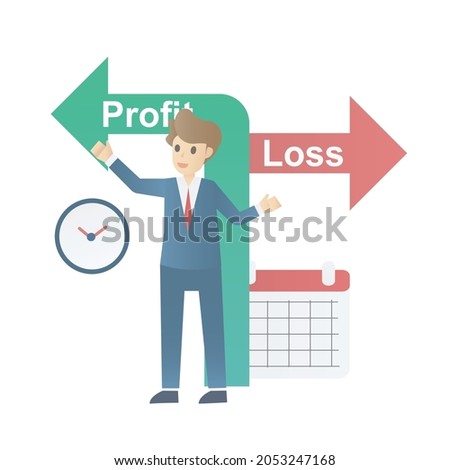 profit loss trading calculation,suitability and timing of investment,Risk term and balance analysis financial management,Up arrow and down arrow,businessman and investor,Vector illustration.
