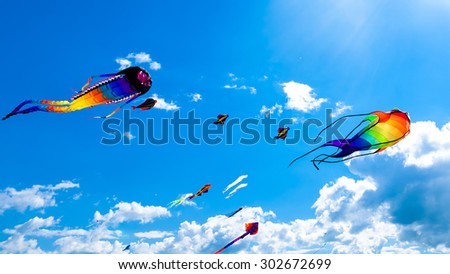 Various kites flying on the blue sky in the kite festival