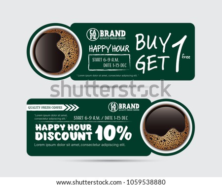 Vector illustration gift voucher coupon cafe coffee beverage, buy 1 get free, happy hour concept promotion advertising 