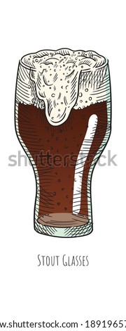 Vector Beer in Stout Glasses. Hand drawn isolated illustration 