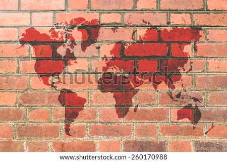 Red Brick wall texture background with world map