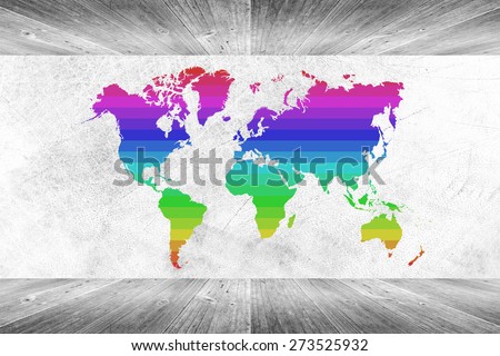 Wood wall and floor room interior texture background White color with colorful world map