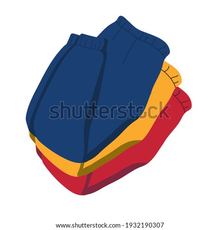 Minimalistic illustration of jogger pants. Casual modern clothes stacked in a pile. Icon isolated on white background in flat style.