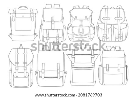 Set of backpack outline drawing vector, set of Backpack in a sketch style, trainers template outline, vector Illustration.