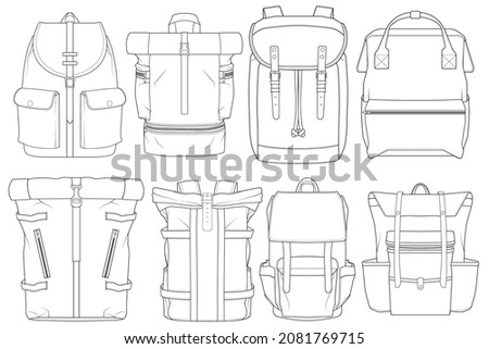 Set of backpack outline drawing vector, set of Backpack in a sketch style, trainers template outline, vector Illustration.