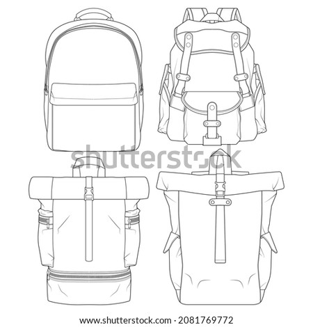 Set of backpack outline drawing vector, set of Backpack in a sketch style, trainers template outline, vector Illustration.