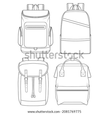 Set of backpack outline drawing vector, set of Backpack in a sketch style, trainers template outline, vector Illustration.