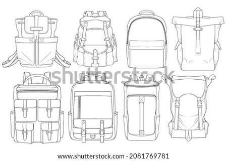 Set of backpack outline drawing vector, set of Backpack in a sketch style, trainers template outline, vector Illustration.