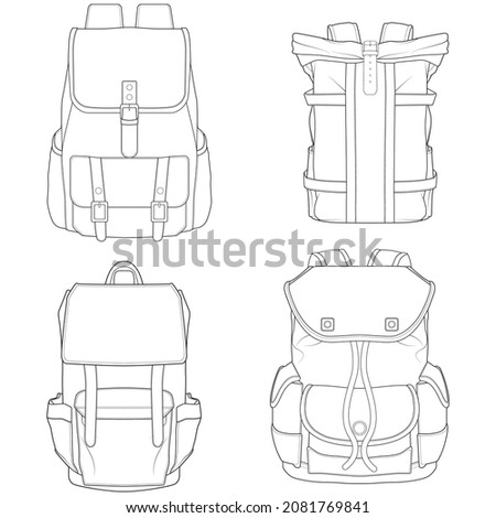 Set of backpack outline drawing vector, set of Backpack in a sketch style, trainers template outline, vector Illustration.