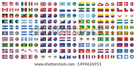 Flags of all American countries, sovereign states and dependent territories in Americas (3:2, square, round, waving)