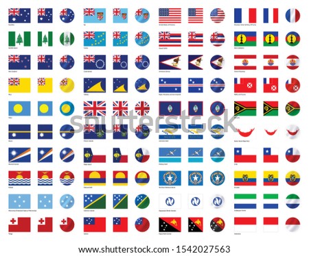 Flags of all Oceanian countries, sovereign states and dependent territories in Oceania (3:2, square, round, waving)