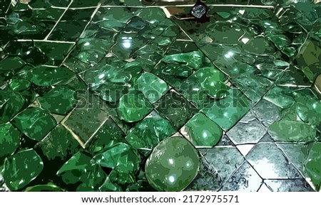 Wide art image of a dark beautiful ancient dungeon cave floor decorated with displaced shining jade stones - inspired by 
