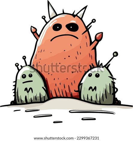Cute style eps drawing three little pet monster blob-like mascot characters with antennas, spikes, orange and green skin on an alien planet. Fun sticker illustration collection for kids