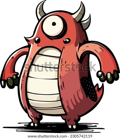 Cute cartoon style eps drawing of a fun, friendly pet alien monster mascot character with red skin, one big eyeball, and three spiky horns with.  Fun sticker illustration collection for kids.