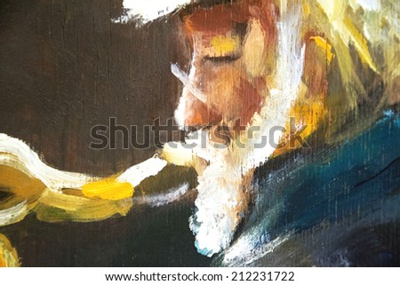 old man play on sax original oil painting on wood