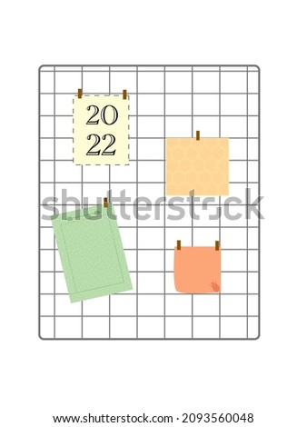 note board wire grid. four note papers. 2022 lettering, leaf pattern note paper, honeycomb pattern, tulip pattern note paper