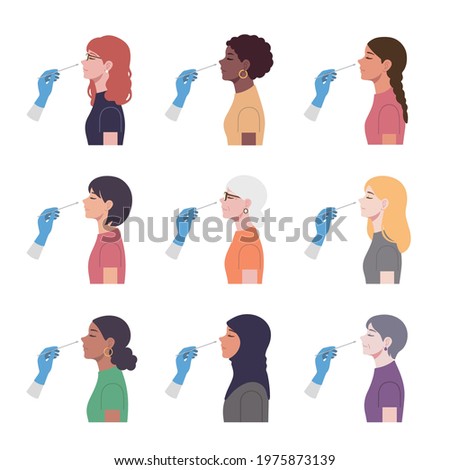 PCR tests for women of various countries and races.Doctors perform PCR tests on female patients. 