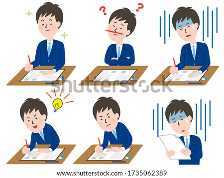 of illustration Set of boy facial student taking exams with different expression