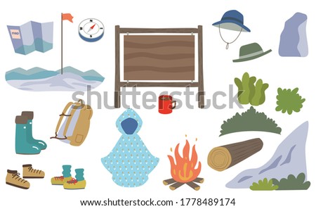 Camping, hiking in the woods, a set of elements. Summit, fire, log, wooden signboard, trees, backpack ,summit, mug, rock, hat, boots, grass, map, compass. Vector illustrations.